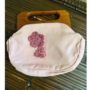 Pink Floral Linen Wooden Handle Handbag Purse Unique Coquette Twee Clutch Rare